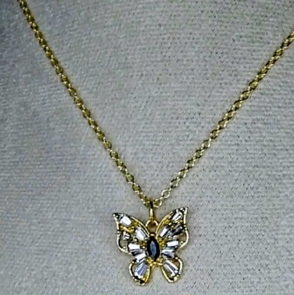 Elegant Gold Tone Butterfly W/ Black Stone Pendant With Necklace 17' Chain NIB - Picture 2 of 4